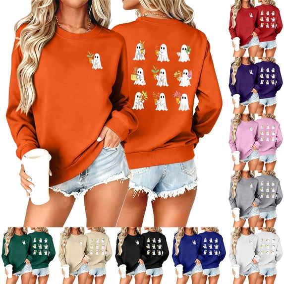 Jsaierl Halloween Sweatshirts Women Plus Size Ghost Graphic Pullovers Soft Holiday Crewneck Long Sleeve Sweater Tops Halloween Clothes, Sizes S-2XL