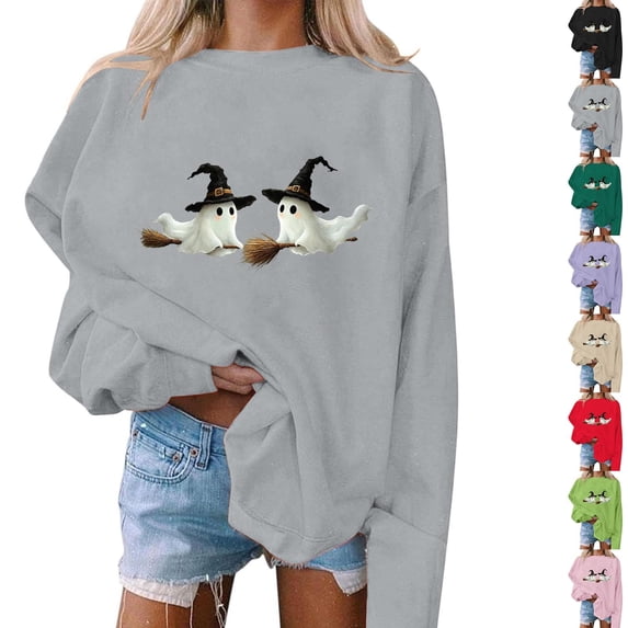 Jsaierl Halloween Sweatshirts for Women Plus Size Ghost Graphic Pullovers Vintage Work Round Neck Long Sleeve Sweater Tops Halloween Costumes, Sizes S-2XL