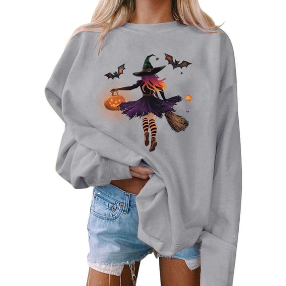 Jsaierl Halloween Sweatshirts for Women Plus Size Pumpkin Ghost Graphic Sweatshirt Going Out Crewneck T-shirt Long Sleeve Dressy Casual Pullover Tops Halloween Clothes