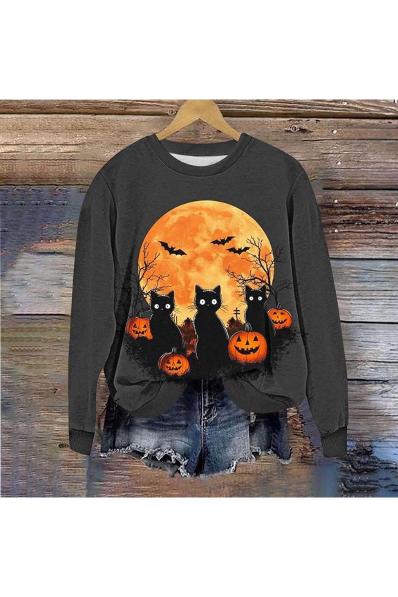 Halloween Sweatshirts Women Plus Size Pumpkin Ghost Graphic Sweatshirt Stretch Round Neck T-shirt Long Sleeve Holiday Pullover Tops Halloween Gifts
