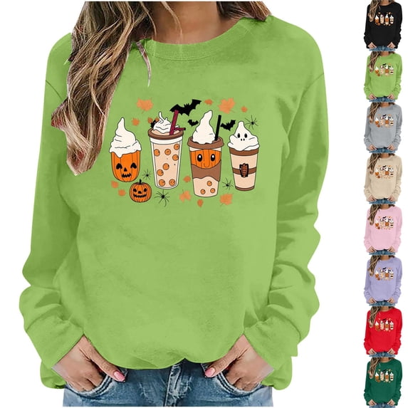 Jsaierl Halloween Sweatshirts Women Spooky Ghost Graphic Pullovers Fall Holiday Round Neck Long Sleeve Sweater Tops Halloween Costumes, Sizes S-2XL