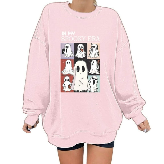 Jsaierl Halloween Sweatshirts for Women Spooky Pumpkin Ghost Graphic Sweatshirt Loose Fit Round Neck T-shirt Long Sleeve Tunic Pullover Tops Halloween Clothes