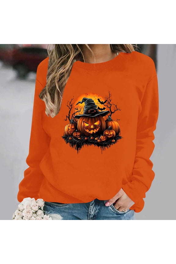 Halloween Sweatshirts for Women Spooky Pumpkin Ghost Graphic Sweatshirt Trendy Crewneck T-shirt Long Sleeve Holiday Pullover Tops Halloween Gifts