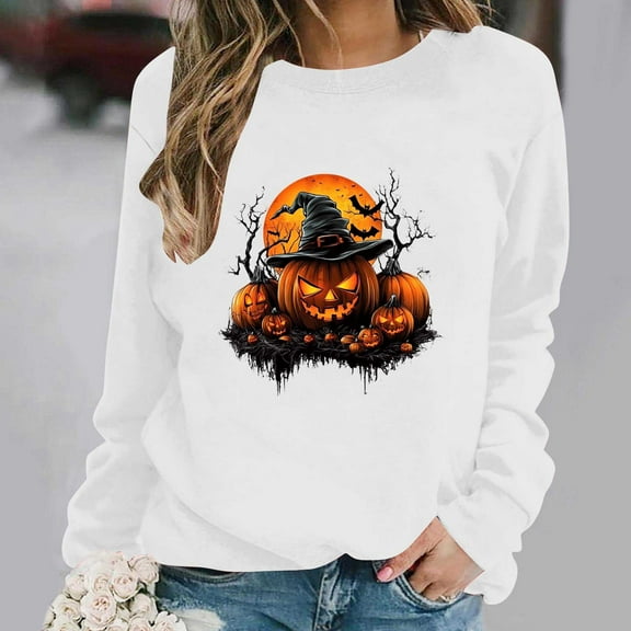 Jsaierl Halloween Sweatshirts for Women Spooky Pumpkin Ghost Graphic Sweatshirt Trendy Crewneck T-shirt Long Sleeve Holiday Pullover Tops Halloween Gifts