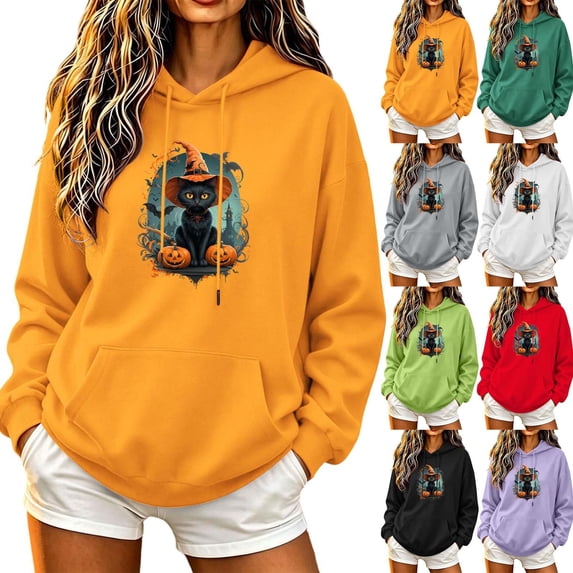 Jsaierl Halloween Sweatshirts for Women Cute Print Pullover Hoodies Vintage Work Long Sleeve Sweater Tops Halloween Party Supplies, Sizes S-2XL