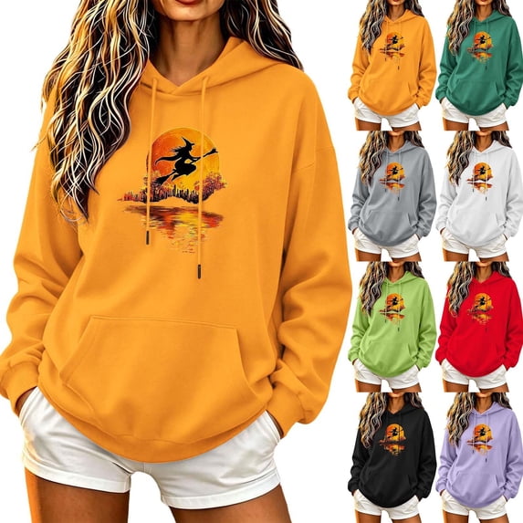 Jsaierl Halloween Sweatshirts for Women Funny Print Pullover Hoodies Stretch Classic Long Sleeve Sweater Tops Halloween Party Supplies, Sizes S-2XL