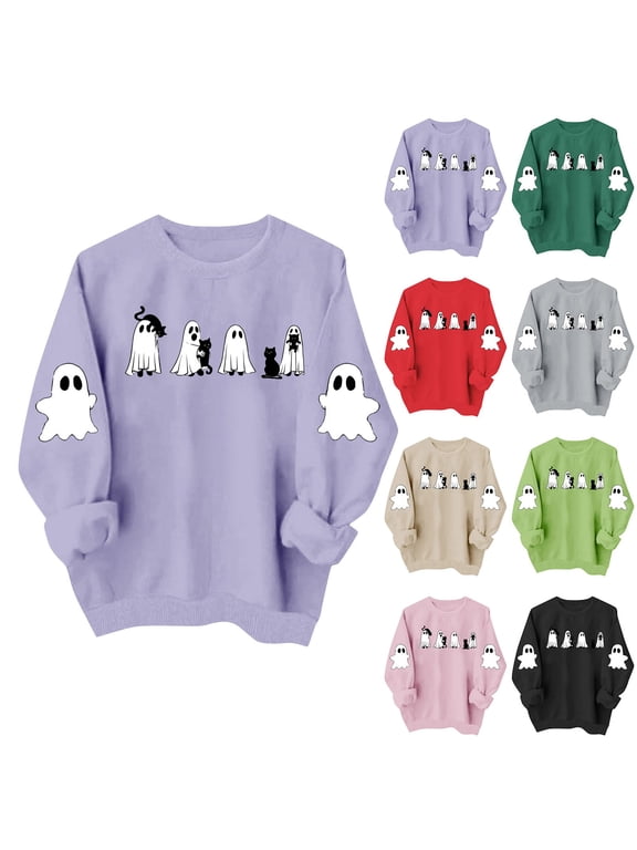 Halloween Sweatshirts for Women Spooky Ghost Graphic Pullovers Soft Holiday Crewneck Long Sleeve Sweater Tops Halloween Costumes, Sizes S-2XL