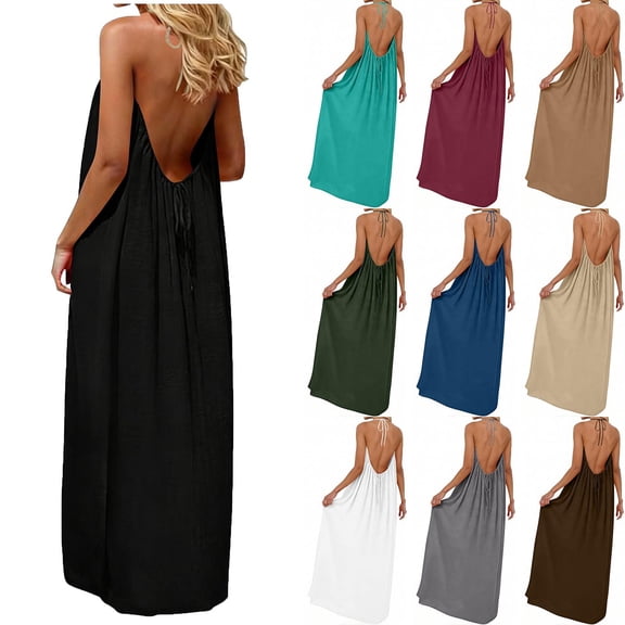 Jsaierl Halter Backless Dresses for Women Summer Beach Open Back Maxi Dresses Sleeveless Flowy Boho Elegant Vacation Dresses