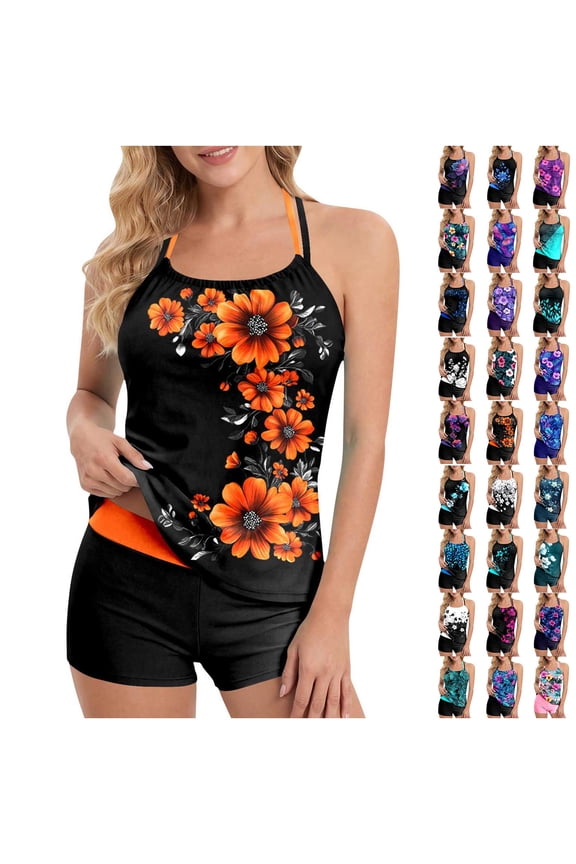 Halter Tankini Swimsuits for Women 2 Piece Floral Print Swim Tops with Boyshorts Swimwear Tummy Control Bathing Suits