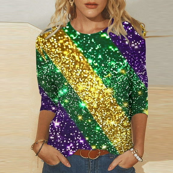 Jsaierl Happy Mardi Gras Shirts for Women Funny Carnival Themed Mask Graphic Tees Loose Fit 3/4 Sleeve T Shirts Blouses Dressy Casual Crewneck Party Tops