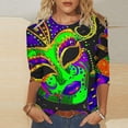 thumbnail image 1 of Jsaierl Happy Mardi Gras Shirts for Women Funny Carnival Themed Mask Graphic Tees Trendy 3/4 Sleeve T Shirts Blouses Dressy Casual Round Neck Parade Tops, 1 of 5