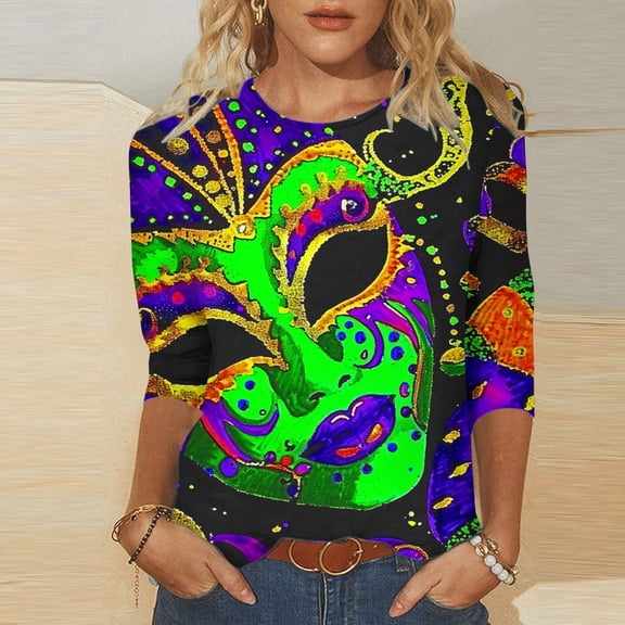 Jsaierl Happy Mardi Gras Shirts for Women Funny Carnival Themed Mask Graphic Tees Trendy 3/4 Sleeve T Shirts Blouses Dressy Casual Round Neck Parade Tops