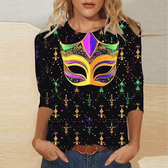 Jsaierl Happy Mardi Gras Tshirts for Women Cute Carnival Themed Mask Print Tees Soft 3/4 Sleeve T Shirts Blouses Going Out Crewneck Tunic Tops