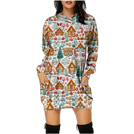 Jsaierl Hoodie Dress for Women Christmas Plus Size Xmas Tunic Hoodies Sweatshirt Dresses Woman Fall Outfit Trendy