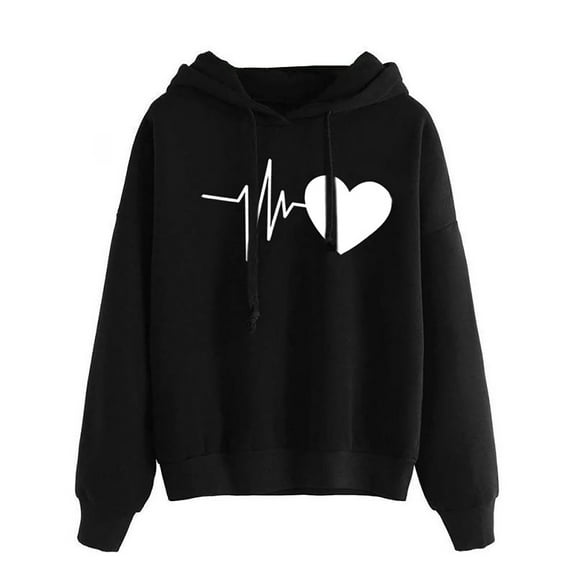 Jsaierl Hoodies for Women Heart Print Sweatshirt Top Long Sleeve Fashion Fall Clothes Hooded Sweatshirts