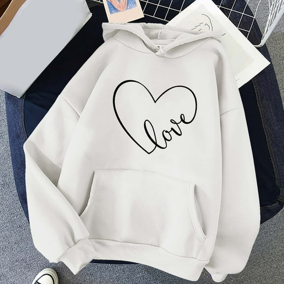 Jsaierl Hoodies for Women Cute Heart Graphic Hooded Sweatshirts Lightweight Sweaters Trendy Long Sleeve Top Hoodie Winter Saving