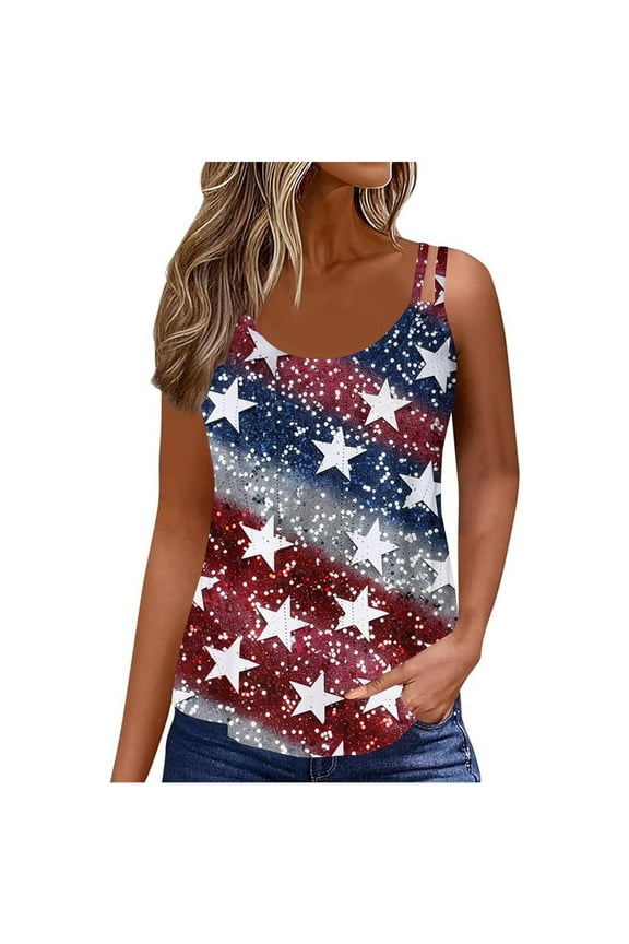 Independence Day Tops for Women Casual Elegant Short Sleeve Tank Top Patriotic Red White and Blue Graphic Camisole Soft Spaghetti Strap Blouses Vest