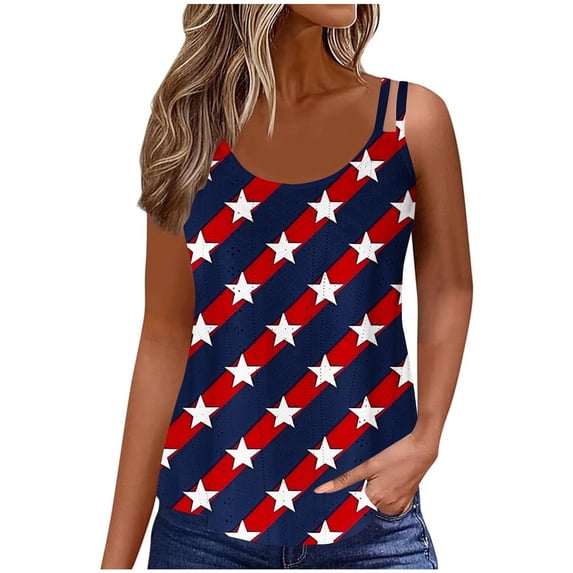 Jsaierl Independence Day Tops for Women Casual Elegant Short Sleeve Tank Top Patriotic Red White and Blue Graphic Camisole Soft Spaghetti Strap Blouses Vest