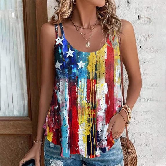 Jsaierl Independence Day Tops for Women Casual Elegant Sleeveless Tank Top Patriotic Red White and Blue Graphic Camisole Soft Spaghetti Strap Blouses Vest