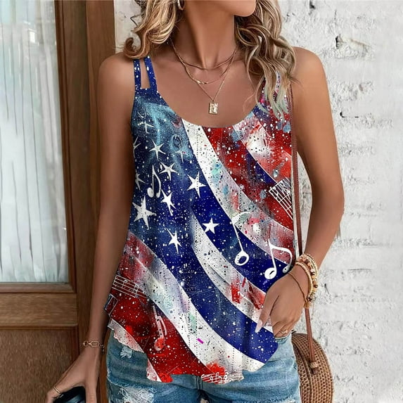 Jsaierl Independence Day Tops for Women Casual Elegant Sleeveless Tank Top Patriotic Red White and Blue Graphic Camisole Soft Spaghetti Strap Blouses Vest