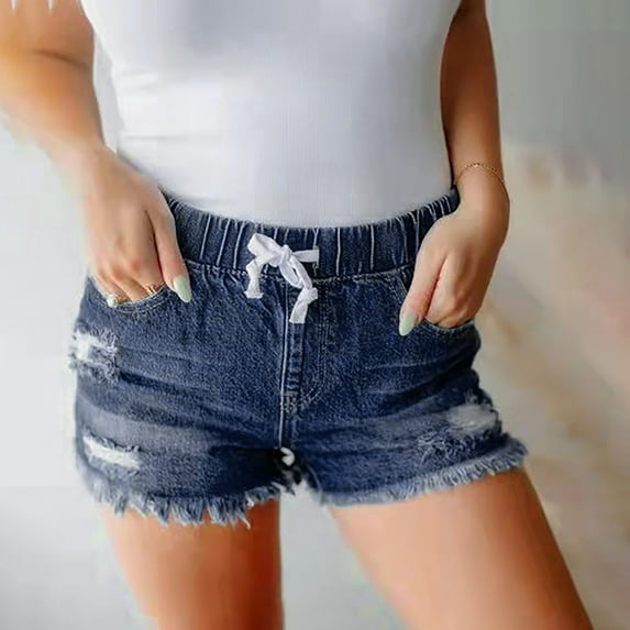 Jsaierl Jean Shorts for Women Plus Size Summer Relaxed Fit Denim Shorts Elastic Waist Pants Ripped Pull On Bermuda Jean Shorts 2025