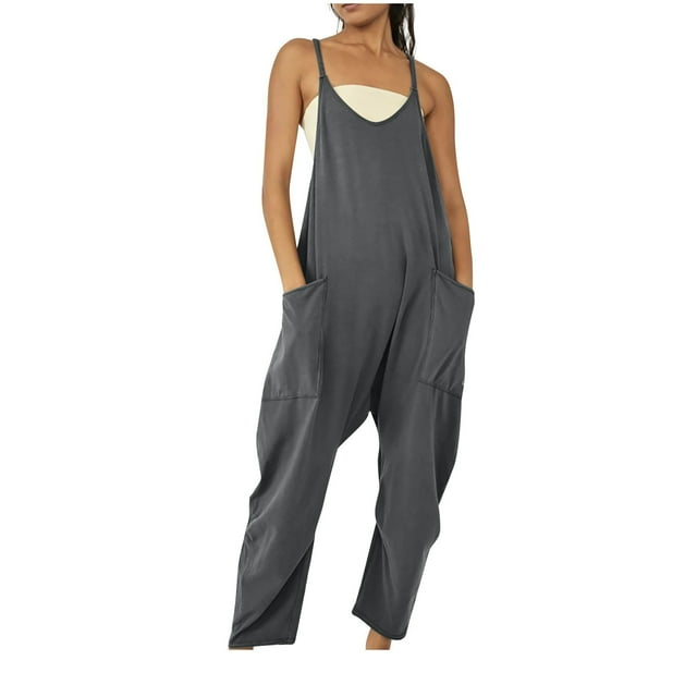 Jsaierl Jumpsuits for Women Casual Summer Rompers Sleeveless Loose Spaghetti Strap Baggy Overalls Jumpers with Pockets 2024
