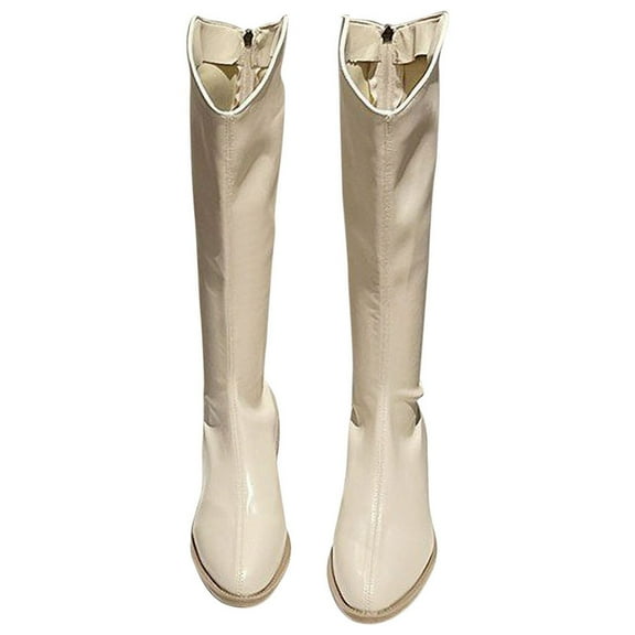 Jsaierl Knee High Boots for Women Gogo Boots 70s Boots,Leather Pointed Toe Chunky Knee High Platform Dress Boots, Fashion Long Chunky Tall Gogo Boots for Fall