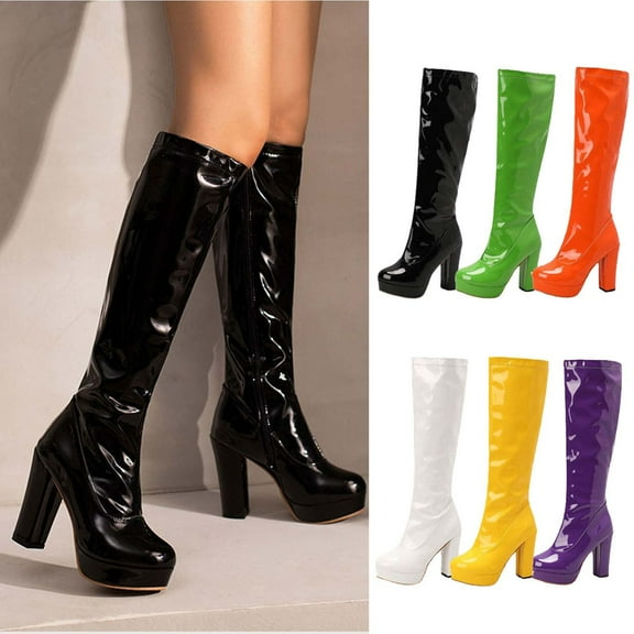 Jsaierl Knee High Boots for Women Gogo Boots 70s Boots,Leather Square Toe Chunky Heel Platform Dress Boots, Fashion Long Chunky Tall Gogo Boots for Fall