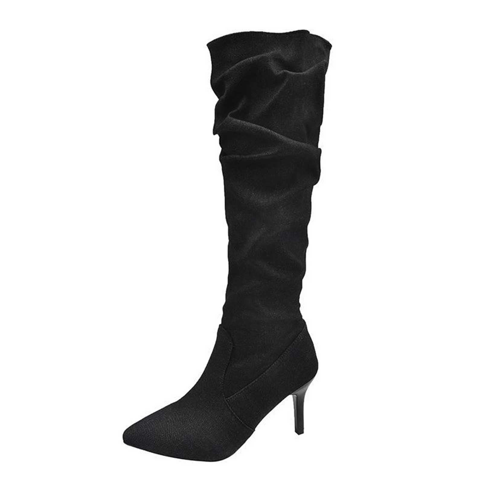 Jsaierl Knee High Boots For Women Sexy Stiletto High Heel Gogo Bootsleather Pointed Toe Chunky