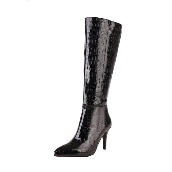 Jsaierl Knee High Boots for Women Sexy Stiletto High Heel Gogo Boots,Leather Pointed Toe Chunky Knee High Platform Dress Boots, Fashion Long Chunky Tall Gogo Boots for Fall