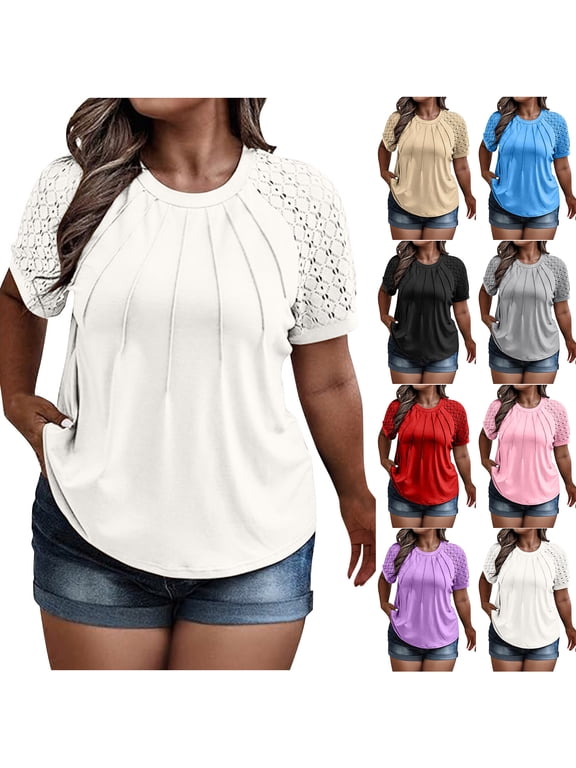Lace Short Sleeve Tops for Women Plus Size Loose Crewneck Blouse Summer Hide Belly Pleated Tunic Tops