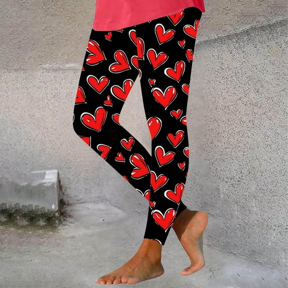 Jsaierl Leggings for Women Tummy Control Love Heart Print Tights Casual Legging Pants Stretch Soft Yoga Leggings Womens Fashion