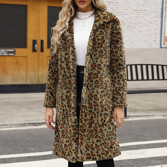 Jsaierl Leopard Printed Trench Coats for Women Luxury Faux Fur Fluffy Winter Cardigan Business Casual Long Sleeve Jackets
