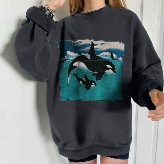 Jsaierl Crewneck Sweatshirts Women Cute Whales Print Sweatshirt Top Long Sleeve Lightweight Fall Pullover Oversized Sweatshirts