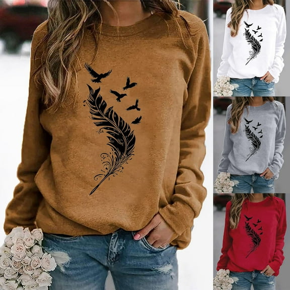 Jsaierl Womens Crewneck Sweatshirts Plus Size Casual Feather Print Sweatshirt Top Long Sleeve Fashion Fall Pullover Sweatshirts
