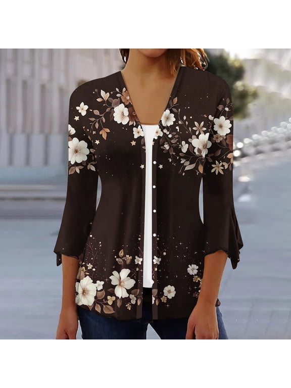 Lightweight Cardigans for Women 3/4 Sleeve Open Front Cardigan Print Fall Top Comfy Duster Kimono Cardigans 2026
