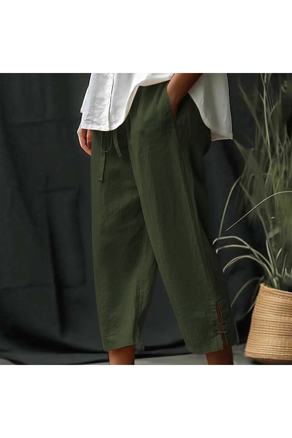 Linen Capri Pants Women Casual Elastic Waist Capri Shorts Petite Wide Leg Drawstring Skimmer Capris Beach Solid Color Lightweight Capris Capri for Women