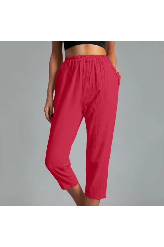Linen Capri Pants for Women Summer Elastic Waist Capri Shorts Petite Wide Leg Cotton Skimmer Capris Beach Solid Color Stretch Capris Women's Capris Under 10