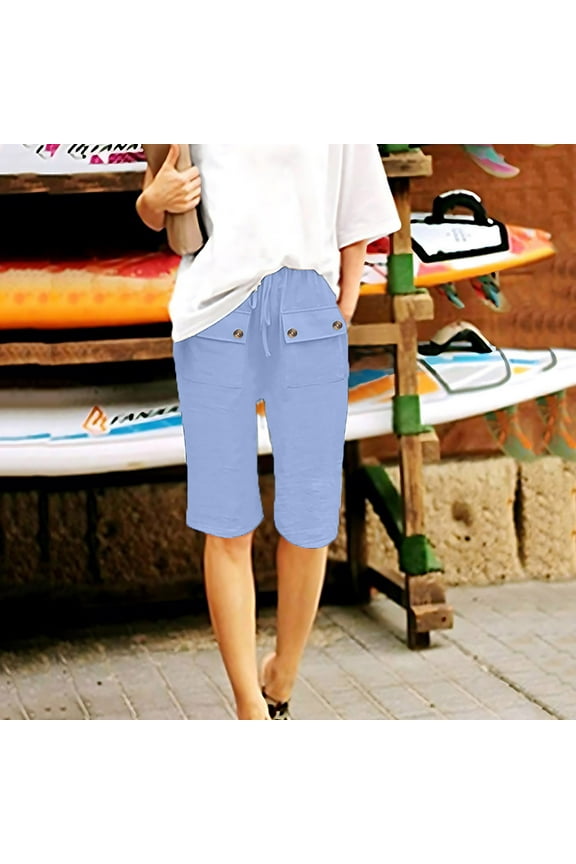 Linen Capri Pants for Women Summer High Waist Capri Shorts Petite Straight Leg Cotton Skimmer Capris Lounge Solid Color Athletic Capris Womens Plus Size Capris