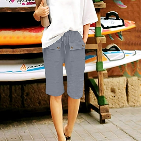 Jsaierl Linen Capri Pants for Women Summer High Waist Capri Shorts Petite Straight Leg Cotton Skimmer Capris Lounge Solid Color Athletic Capris Womens Plus Size Capris