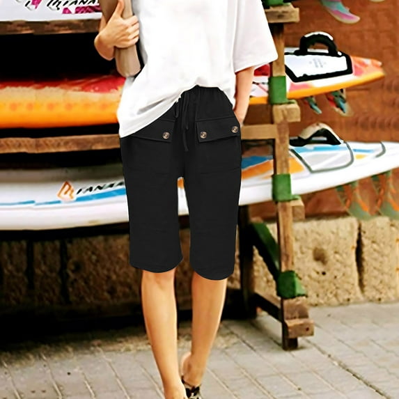 Jsaierl Linen Capri Pants for Women Summer High Waist Capri Shorts Petite Straight Leg Cotton Skimmer Capris Lounge Solid Color Athletic Capris Womens Plus Size Capris