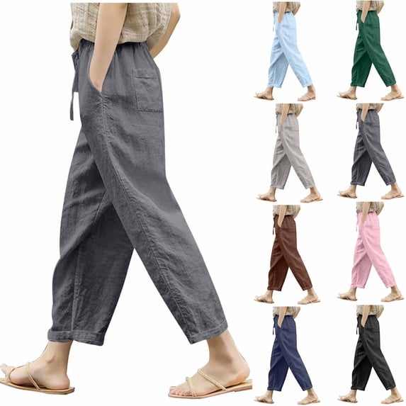 Jsaierl Linen Capris for Women Summer Lightweight Pants Wide Leg Casual Beach Drawstring Elastic Waist Trousers with Pockets
