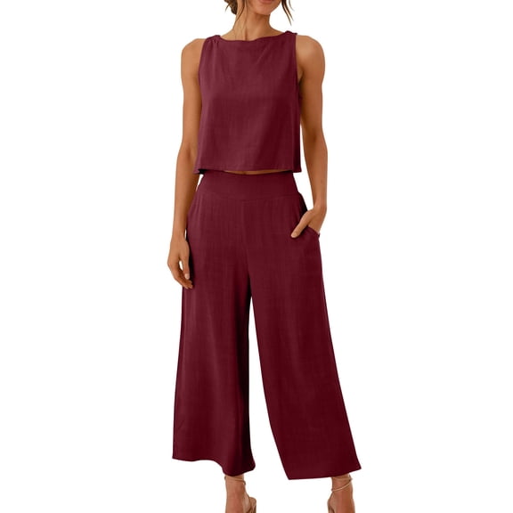 Jsaierl Linen Sets for Women 2 Piece Fashion Ladies Round Neck Solid Sleeveless Blouse and Loose Pockets Pants Sets