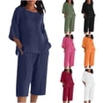 thumbnail image 1 of Jsaierl Linen Sets for Women 2 Piece Ladies Casual Summer Round Neck Short Sleeve Tops And Shorts Two Pieces Set Suit, 1 of 6