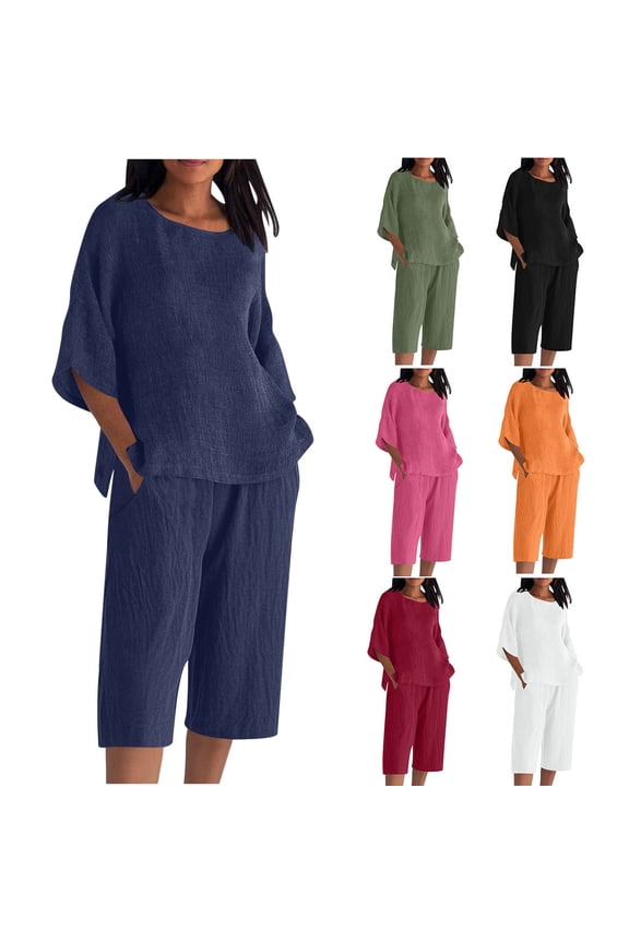 Linen Sets for Women 2 Piece Ladies Casual Summer Round Neck Short Sleeve Tops And Shorts Two Pieces Set Suit