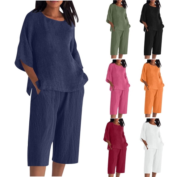Jsaierl Linen Sets for Women 2 Piece Ladies Casual Summer Round Neck Short Sleeve Tops And Shorts Two Pieces Set Suit