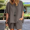 thumbnail image 1 of Jsaierl Linen Sets for Women 2 Piece Ladies Casual Summer Round Neck Short Sleeve Tops And Shorts Two Pieces Set Suit, 1 of 7