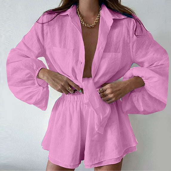 Jsaierl Linen Sets for Women 2 Piece Ladies Summer New Casual Solid Color V-neck Cotton Linen Shirt