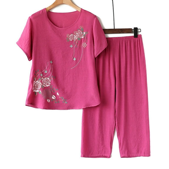 Jsaierl Linen Sets for Women 2 Piece Ladies Summer Pullover Printing Casual Suit