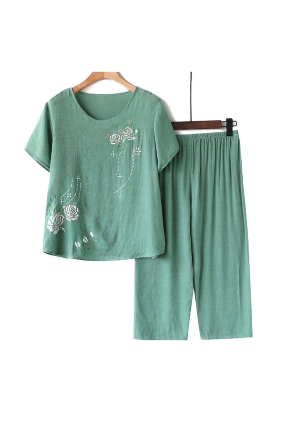 Linen Sets for Women 2 Piece Ladies Summer Pullover Printing Casual Suit